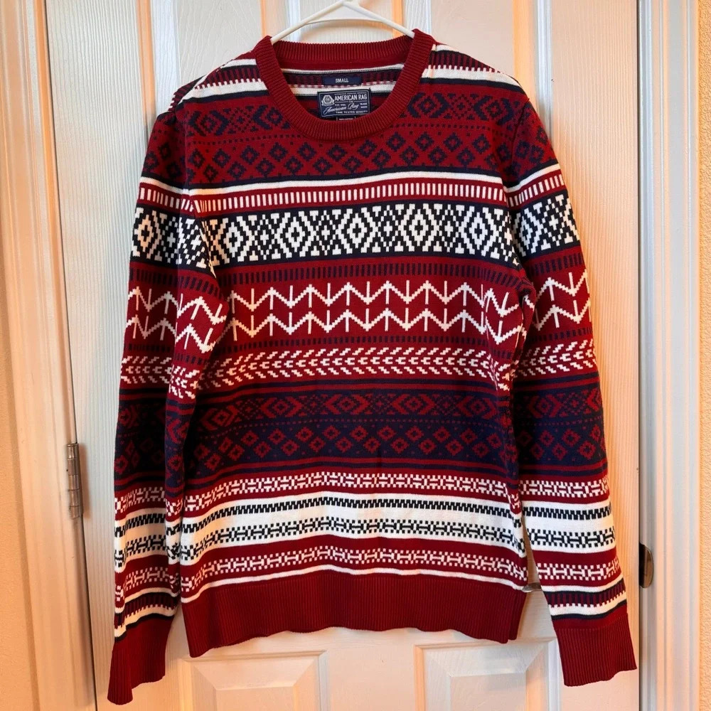 Vtg American Rag 90s Aztec Argyle Knitted Holiday Sweater Small Cotton Red Blue
